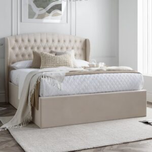 Warren Velvet Ottoman Storage Double Bed In Oatmeal