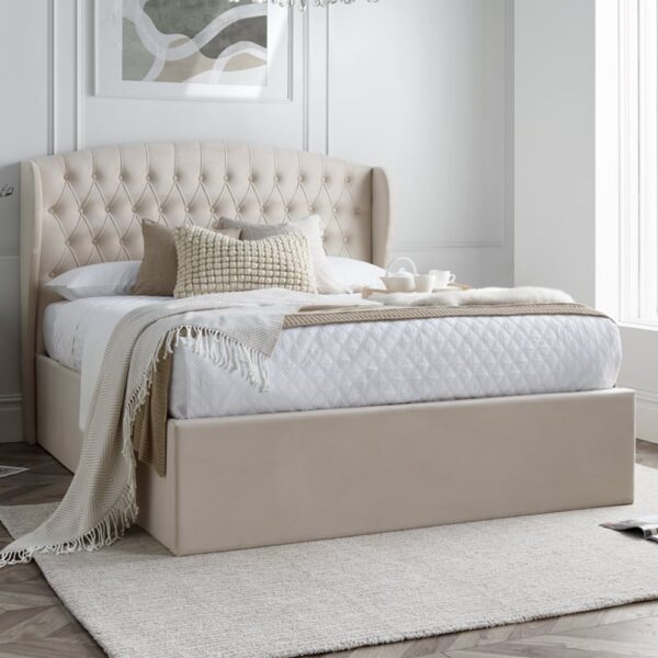 Warren Velvet Ottoman Storage King Size Bed In Oatmeal